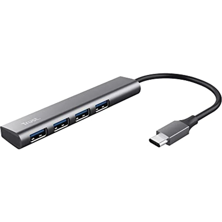 Trust Halyx USB-C Hub 3.2 Gen 1, 4 Port USB-A Adapter 5 GBit/s, Dünn und Kompakt, USB Verlängerung Datenhub, USB Verteiler, USB Splitter für Computer, PC, Laptop, Desktop, Windows - Grau – Bild 1