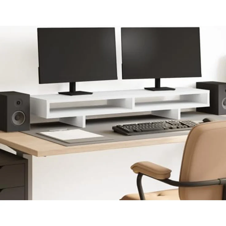 vidaXL Monitorständer, weiß, 100 x 27 x 15 cm, Kiefernmassivholz, doppelte Monitorhalterung, verstellbare Monitorhalterung, Computer-Monitorhalterung – Bild 2