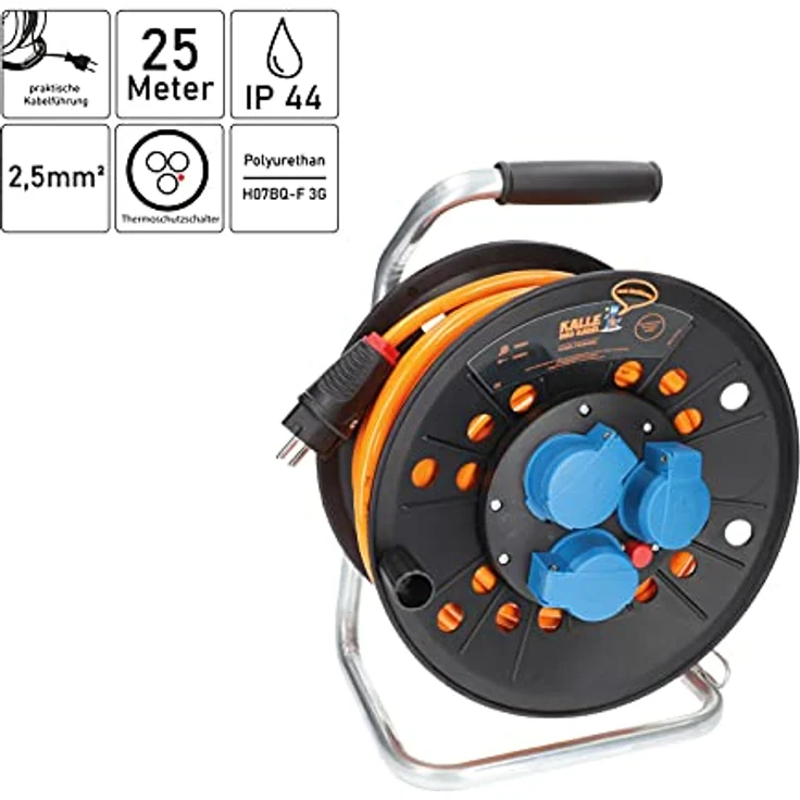 KALLE DAS KABEL Kalle Kabeltrommel Schuko 2,5 mm², 25 Meter, extrem robust, orange, IP44, Thermoschutz, drehbarer Griff – Bild 2