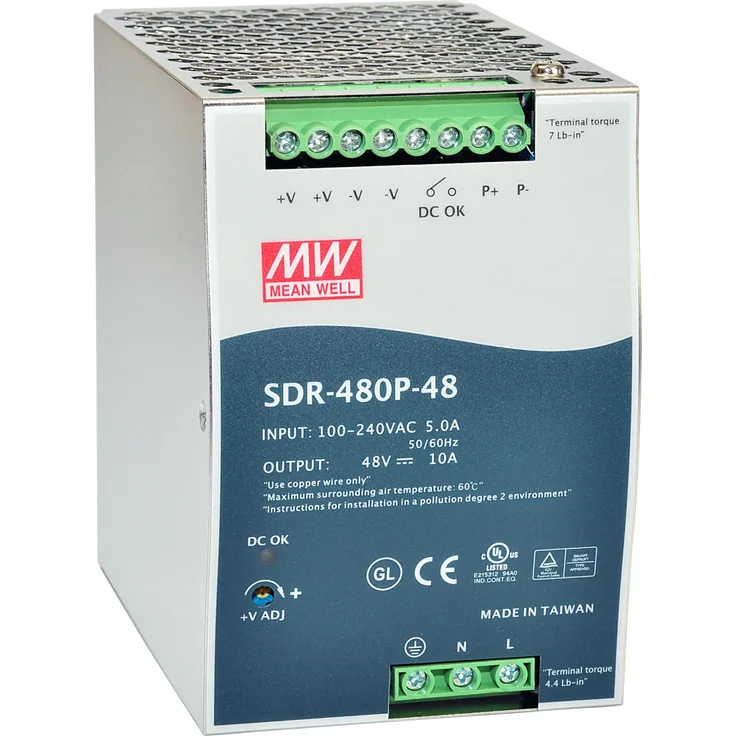 Mean Well SDR-480P-48, DC AC Hutschienen-Netzteil, 480W 48V 10A, einphasig mit Überlastschutz und integrierter Parallelbetrieb-Funktion