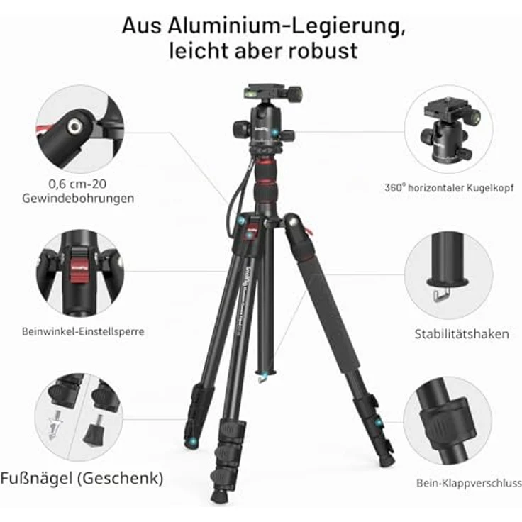 SmallRig Kamerastativ, 180,3 cm, faltbares Aluminium-Stativ/Einbeinstativ mit 360°-Kugelkopf, max. Nutzlast 15 kg, verstellbare Höhe 40,6 cm bis 180,3 cm für Kamera und Telefon – Bild 4