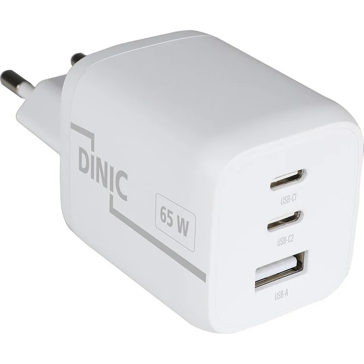 DINIC 65 W Schnellladegerät (GAN), USB C & USB A, Weiß, effizientes Laden für Smartphones und Tablets