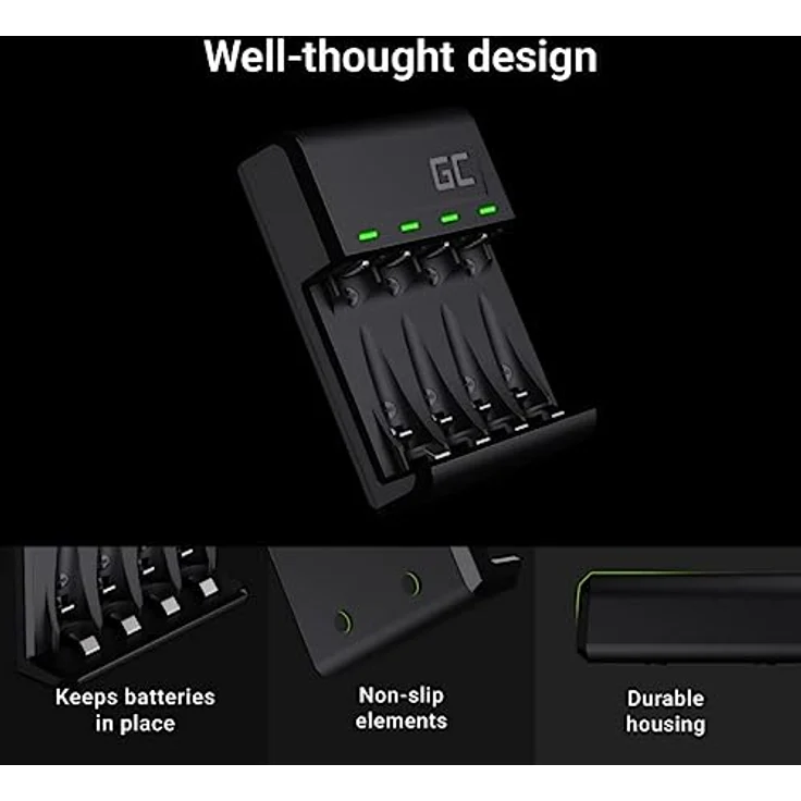 Green Cell VitalCharger Batterieladegerät Ladegerät + 4X AAA 800mAh für NI-MH AA AAA R6 R03 Mignon Akku. Mit Micro USB USB-C. 4-Kanal-Ladesystem - lädt ab 1 bis 4 AA oder AAA, LED-Signalisierung – Bild 5
