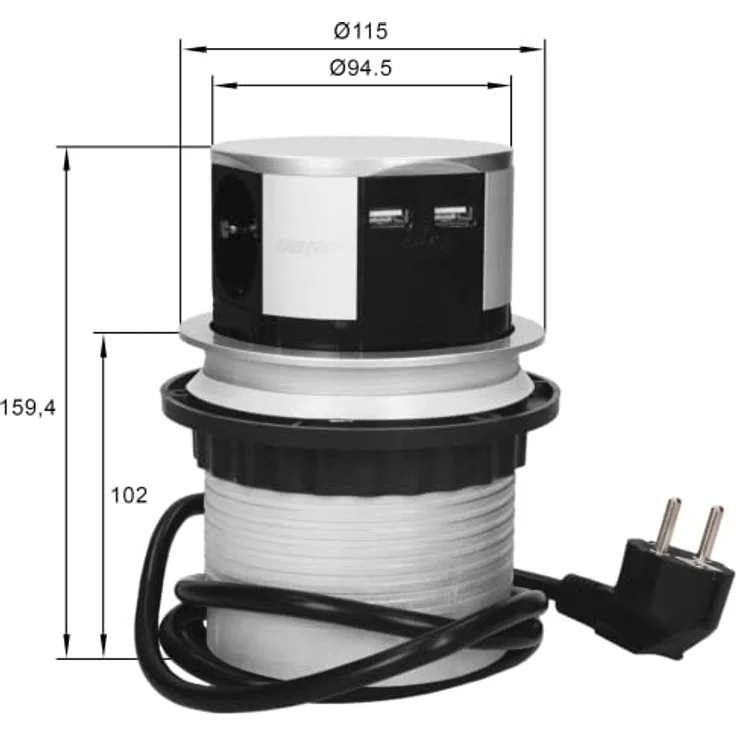 Orno OR-AE-1342 Versenkbare Einbau Steckdosenleiste, 3-fach + 2x USB, 3680W max, Ø10cm, 1,5m Kabellänge, Typ E Französisch Steckdose – Bild 3