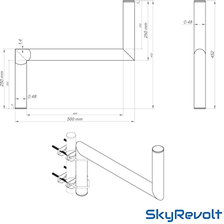 SkyRevolt Z-Ausleger 50 cm Rohr 48 mm mit Zahnschellen Geländer-Ausleger SAT-Antenne Mast-Ausleger Z-Halterung für Satelliten-Schüssel Stahl verzinkt – Bild 5