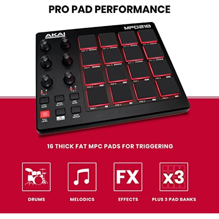 AKAI Professional MPD218 - Portabler 16-Pad-USB - MIDI-Pad-Controller Mit MPC-Pads, zuweisbaren Reglern, Tasten für Notenwiederholung, Produktionssoftware – Bild 2
