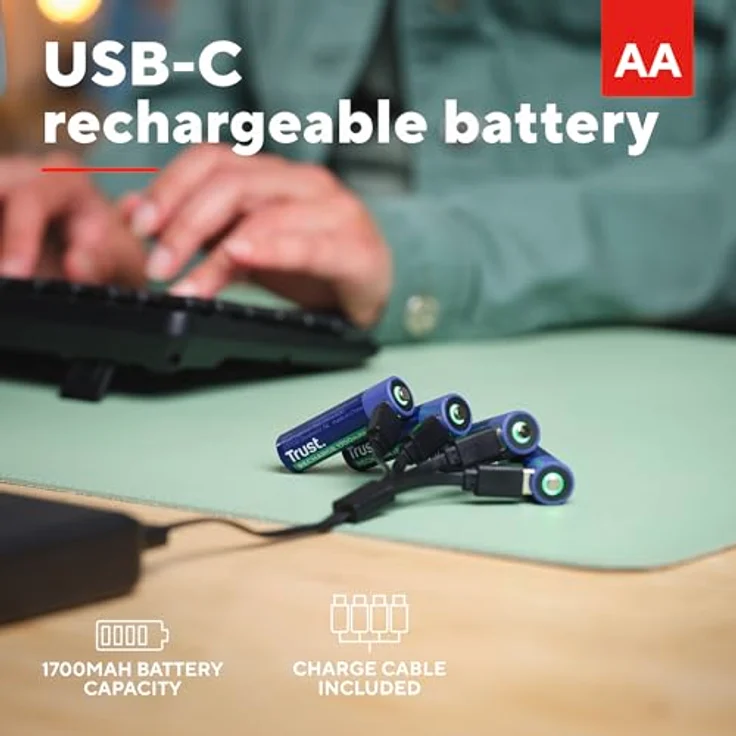Trust USB-C Wiederaufladbare Batterien AA 4 Stück, 1700 mAh, grüne LED-Akkustatusanzeige, 2 Stunden Schnellladung – Bild 2