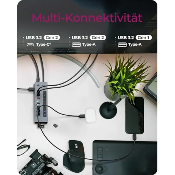 ICY Box IB-HUB1742CR-C2PD, 11-in-1 USB-C Hub mit 2x USB-C (10 Gbit/s), 4x USB-A (5/10 Gbit/s), 100 W PD, SD/microSD UHS-I Kartenleser, Aluminiumgehäuse – Bild 2