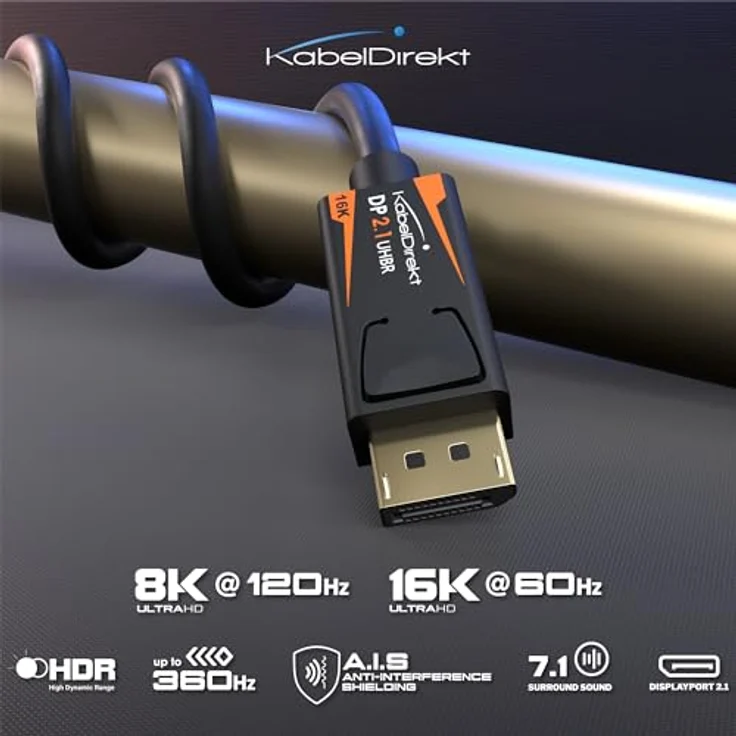 KabelDirekt DisplayPort 2.1 Kabel, 16K DP 2.1, 2m, UHBR 80Gbps für Gaming-PC/Monitor, 16K@60Hz, 8K@120Hz, 4K@240Hz, Anti-Interferenz-Schirmung – Bild 2