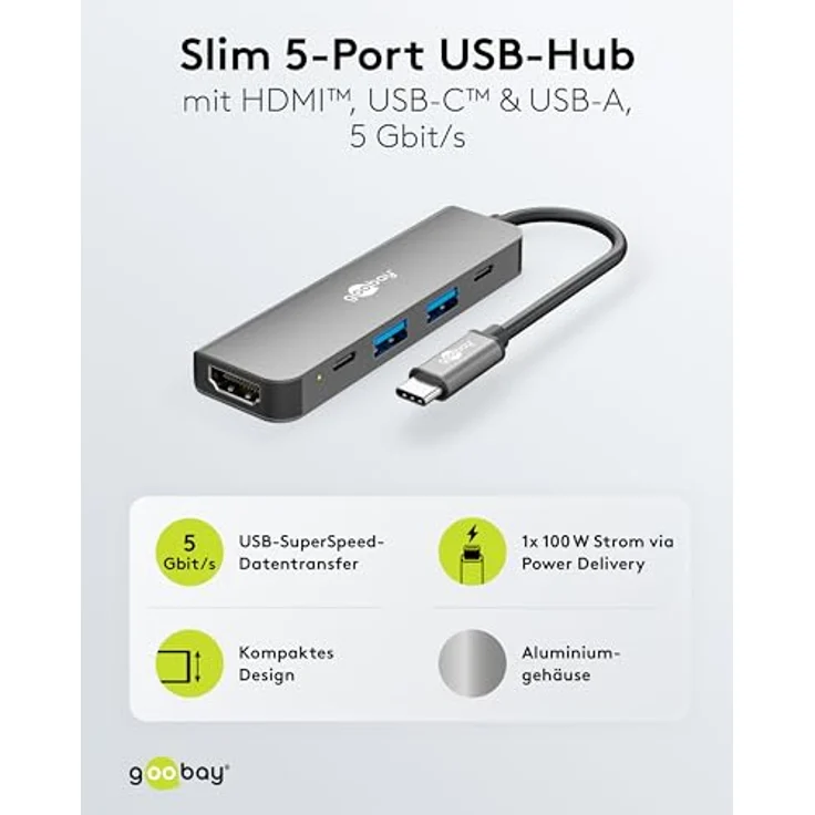 goobay Slim USB-C™ Hub 5-Port Adapter, HDMI 4K @ 30 Hz, 100W Power Delivery, 5 Gbit/s USB 3.0, für Laptop, Tablet, Smartphone, kompatibel mit Windows, macOS, Android, 78967 – Bild 2