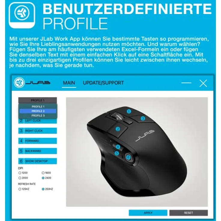 JLab Audio Epic Ergonomische Muis Rechtshandig - Draadloos - Bluetooth - USB (Kabellos), Maus, Schwarz – Bild 9