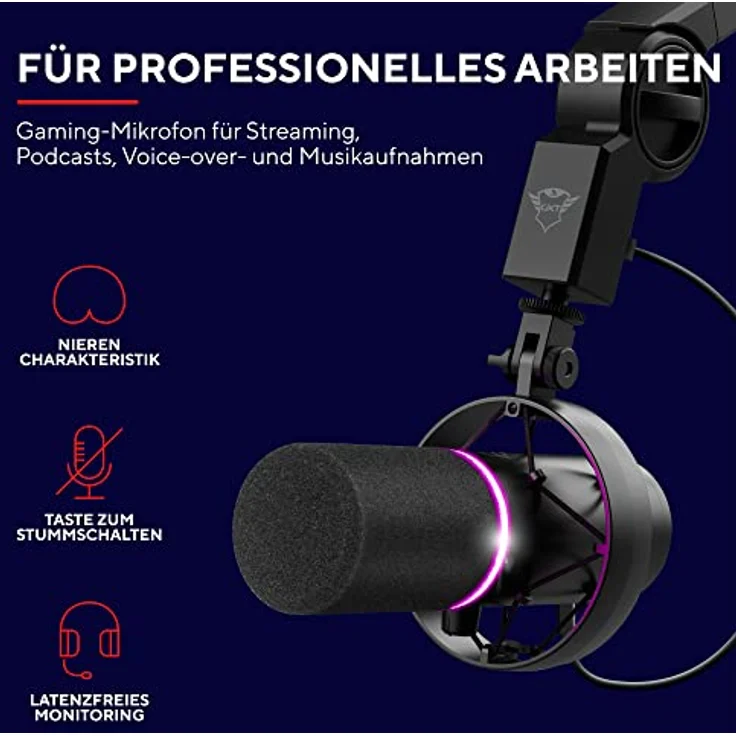 Trust Gaming GXT 255Plus Onyx Professionelles Mikrofon mit Arm, Nierencharakteristik, Popfilter, USB, LED, für Aufnahme, Streaming, Podcast, Broadcasting - Schwarz – Bild 2