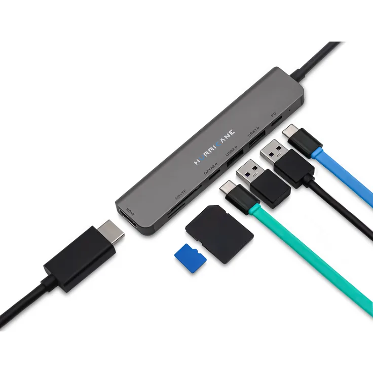 Hurricane C0914 7-in-1 USB Type C HUB Dock 4K HDMI Kartenleser Cardreader, Aluminiumgehäuse, für MacBook, Laptop, PC, Festplatte