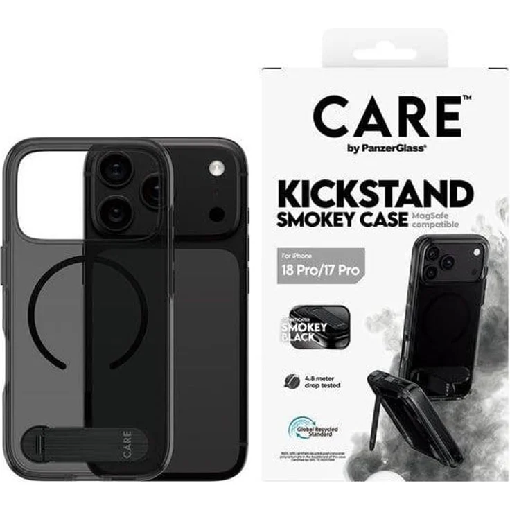 CARE by PanzerGlass Kickstand Case Smokey mit Black MagSafe für Apple iPhone 18 Pro | 17 Pro, Sturz-, Kratz- und Stoßschutz, bis 4.8m , 360° verstellbar