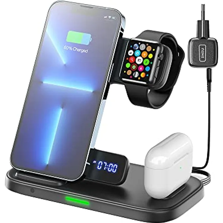 INIU 3 in 1 Wireless Charger Station, 15W Induktive LadestationSchnelles Kabelloses Ladegerät Handy Phone Stand für iPhone 14 13 12 11 Pro Max/Mini/XS/XR/X/SE, für iWatch 8/7/6/SE/5/4/AirPods 2/3/Pro