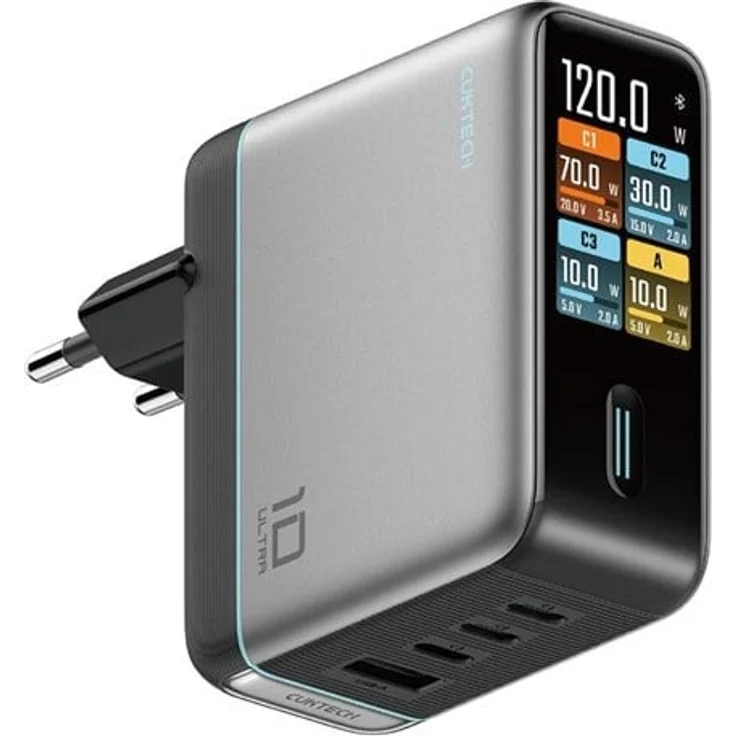 CUKTECH AD1204U 120W Wandladegerät mit IPS-Display, 4 USB-Ports und USB-C-Kabel - Silber