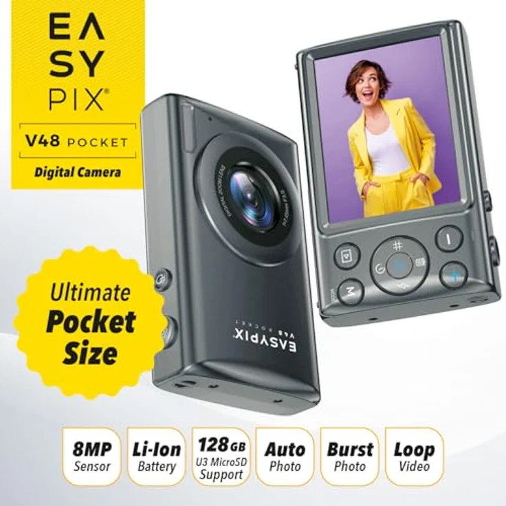 Easypix V48 Pocket Kompakte Digitalkamera, 64 MP Auflösung, 18x Digitaler Zoom, Anthrazit – Bild 5