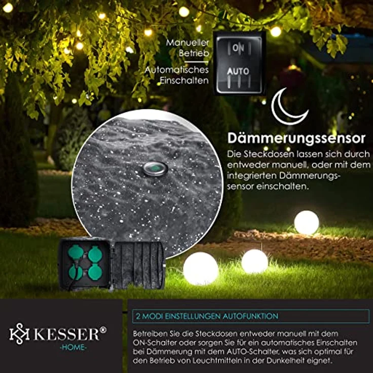 KESSER® Gartensteckdose Steinoptik mit 4 Steckplätzen Inkl. Erdspieß, IP44 Wasserdicht mit Dämmerungssensor, Anthrazit – Bild 3