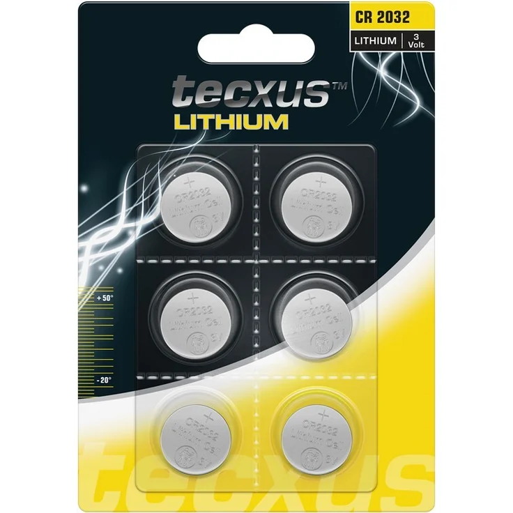 Tecxus CR2032, Lithium-Knopfzelle 3 V, hohe Energiedichte, 240 mAh, Lagerfähig bis 5 Jahre, -20 bis +54 °C