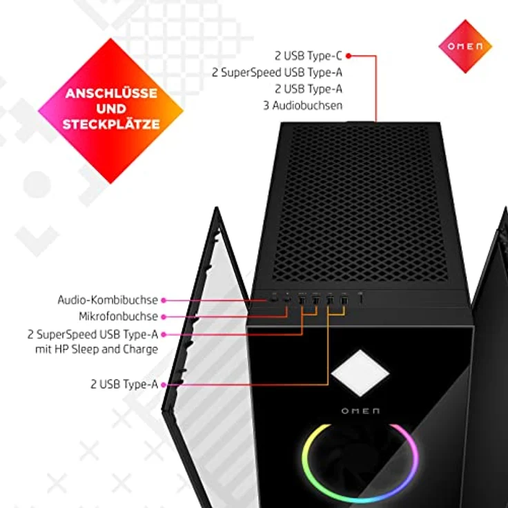 HP OMEN Gaming PC | 45L | AMD Ryzen 9 7950X3D | 32GB RAM | 2TB SSD | GeForce RTX 4070 (12GB) | Flüssigkeitskühlung, Schwarz – Bild 2
