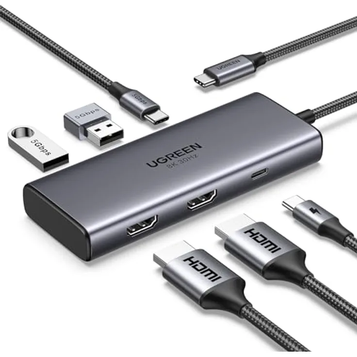 UGREEN Revodok USB C Hub 2 HDMI Docking Station, USB C/USB A 3.0 Ports, PD 100W Schnellladen kompatibel mit Dell, Lenovo, HP, Surface Laptops und mehr Typ C Geräten