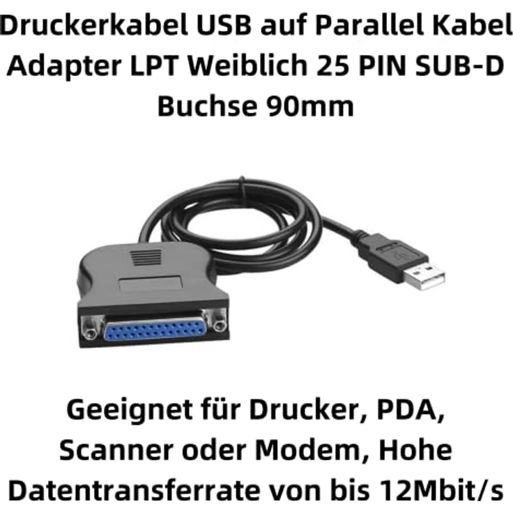 Aukson C33 Druckerkabel USB auf Parallel Adapter LPT Weiblich 25 PIN SUB-D Buchse 90mm, Schwarz, Hohe Datentransferrate von bis 12Mbit/s, Kabellänge 80cm – Bild 2