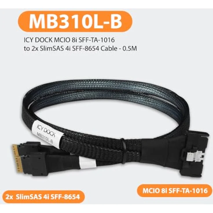 ICY DOCK MB310L-B Datenkabel - 1x MCIO SFF-TA-1016 8i zu 2x SlimSAS SFF-8654 4i Länge 50cm - Unterstützt PCIe 4.0 Spezifikationen – Bild 5