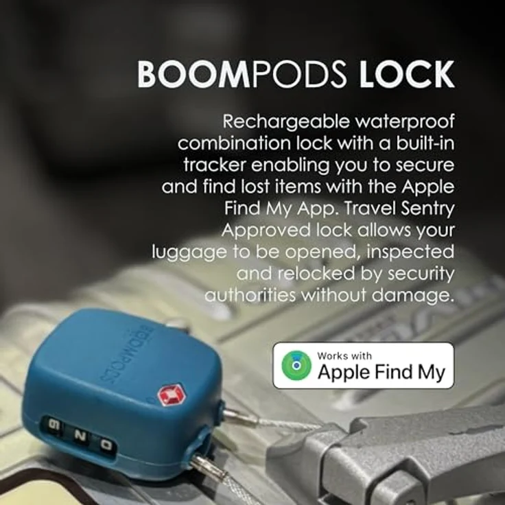 Boompods LOCK TSA Bag Tracker, integrierter Tracker für Apple Find My App, wasserdicht, wiederaufladbar, Weiß – Bild 2