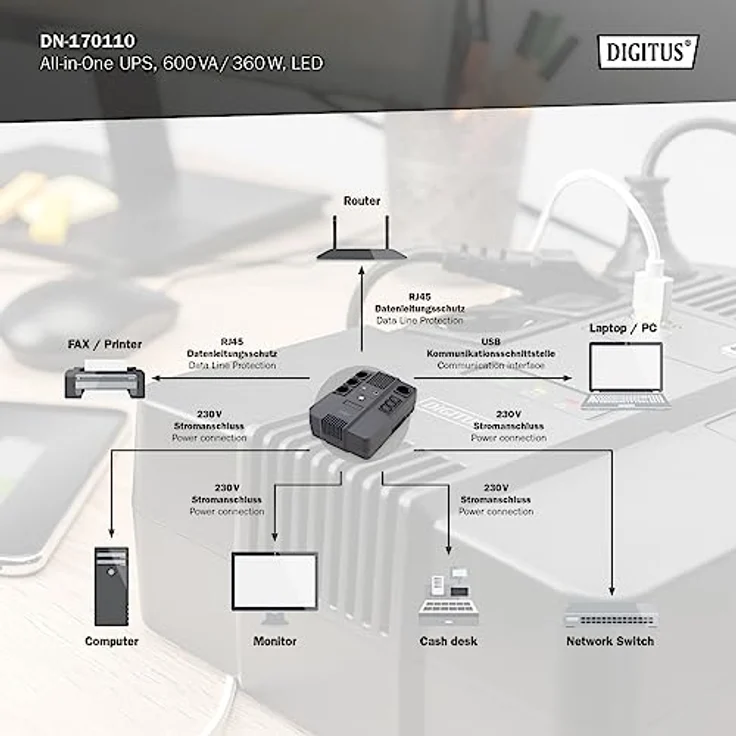 DIGITUS All-in-One Line-Interactive VI USV - 600VA - 360W - AVR - 4 Schutzkontakt-Steckdosen - 3x C13 - Shutdown-Software – Bild 3