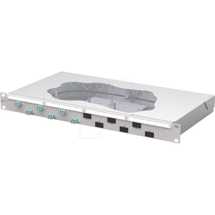 Metz Connect OpDAT fix2 Patchfeld 6xLC-D OM3, 19 Zoll 1HE Lichtgrau, mit 12xLC-D Pigtails und werkzeuglosem Deckelöffnungssystem