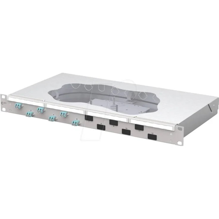 Metz Connect OpDAT fix2 Patchfeld 6xLC-D OM3, 19 Zoll 1HE Lichtgrau, mit 12xLC-D Pigtails und werkzeuglosem Deckelöffnungssystem