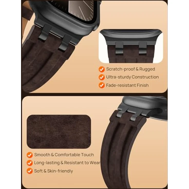 Astorgos Hochwertiges Leder Armband für Apple Watch Ultra, S11/S10, 9/8/7, SE3/SE2, 3/2/1, 49mm-42mm, Schwarz/Dunkelbraun, aus verrücktem Pferdeleder mit Metallverschluss – Bild 4
