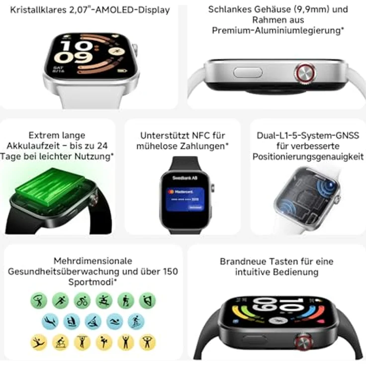 XIAOMI Redmi Watch 6 NFC, 2.07'' AMOLED Smartwatch für Damen und Herren mit 150+ Sportmodi, Herzfrequenz- und Schlafmonitor, 24 Tage Akkulaufzeit, 5ATM, GPS, Schwarz – Bild 2