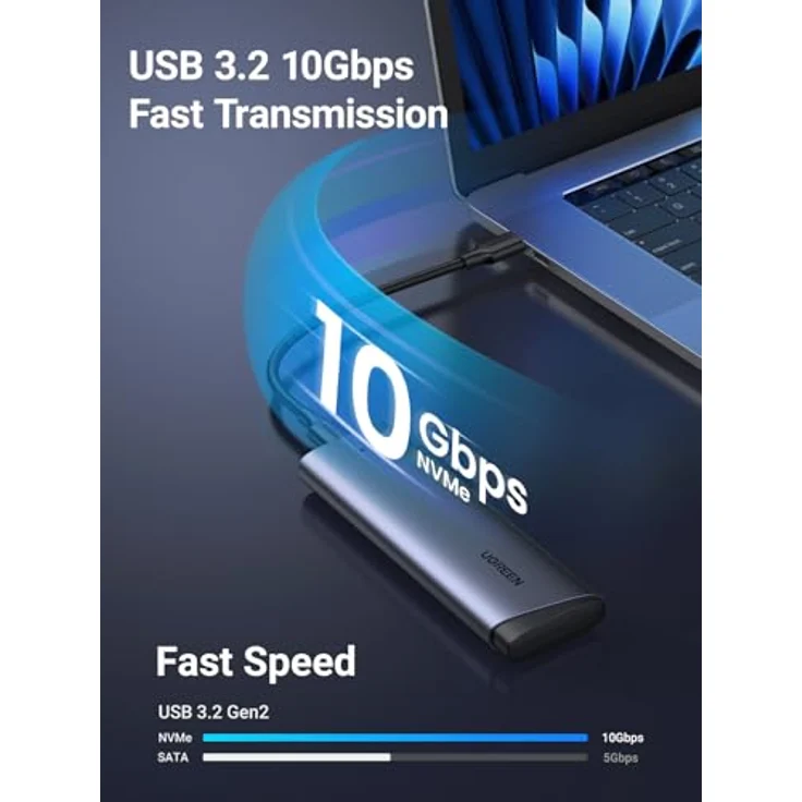 UGREEN NVME Gehäuse, M.2 NVME SSD Gehäuse USB 3.2 10 Gbps mit intelligentem Chip und exzellenter Wärmeableitung für PCIe M-Key/M+B Key bis 8 TB, inkl. USB CC Kabel – Bild 2