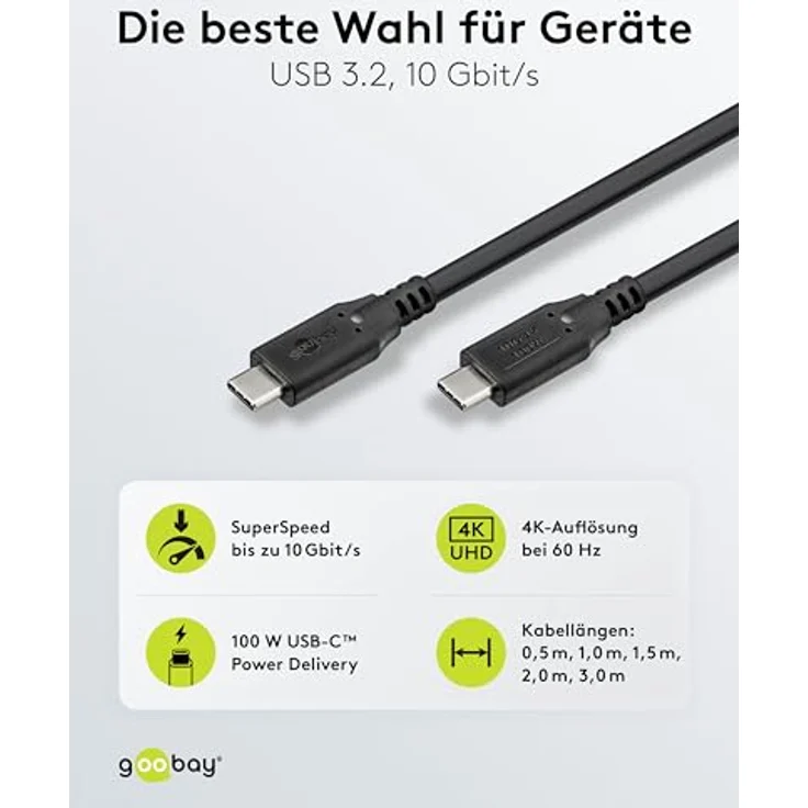 Goobay USB-C-Kabel, 1,5 m, schwarz, 100 W Power, 10 Gbit/s Datenübertragung, 4K @ 60 Hz Unterstützung – Bild 2