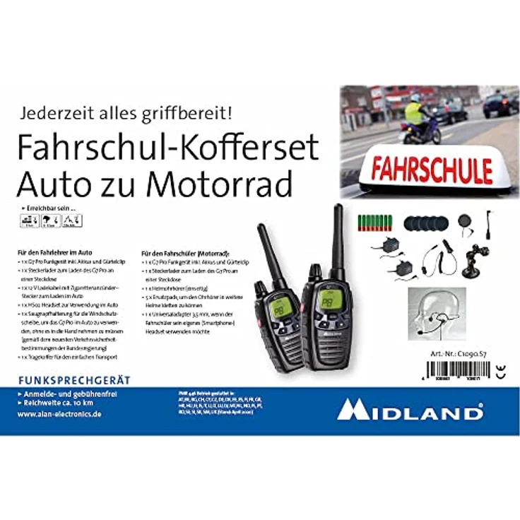 Albrecht Midland G7 Pro Fahrschulkoffer, Funkgerät-Set für Auto und Motorrad mit 10 km Reichweite, inkl. Headset und Helm-Ohrhörer – Bild 2