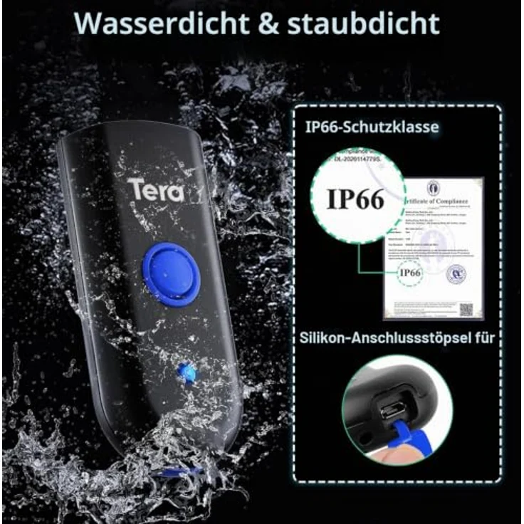 Tera Wireless Barcode Scanner 1D Laser Mini Pocket, wasserdichter 3-in-1 Scanner mit Bluetooth, USB, und tragbarem Design für iOS, Android und Windows, 1100L – Bild 3