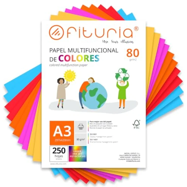 OFITURIA Buntes Papier A3, 250 Blatt 80g – Farbiges Druckerpapier für Basteln, Scrapbooking und kreative Projekte – Bild 1