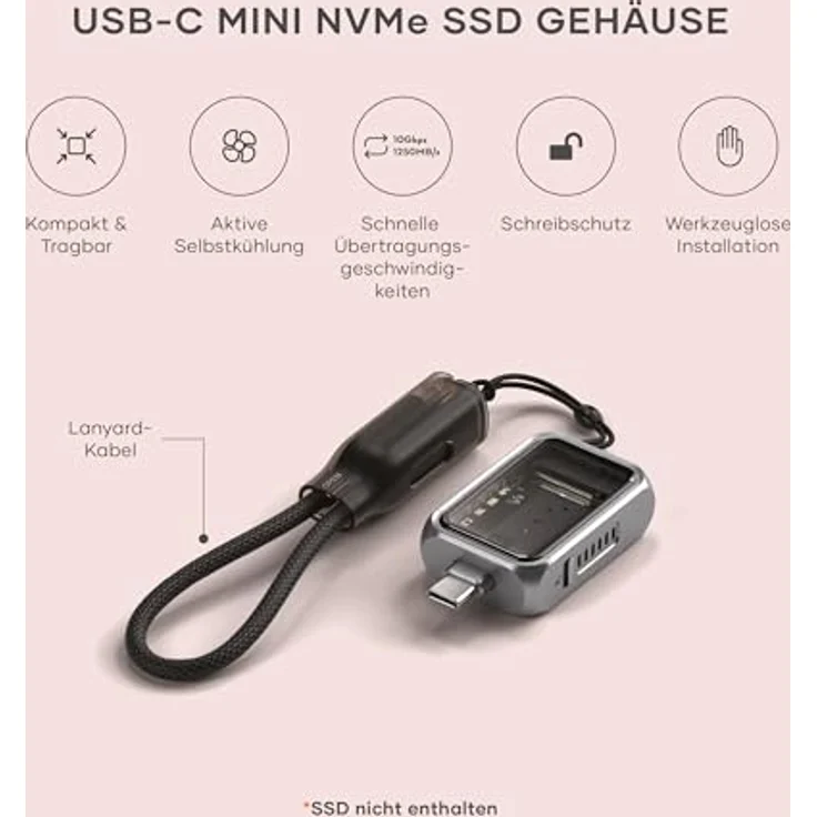SATECHI M.2 NVMe Mini SSD-Gehäuse, 10 Gbps Übertragungsgeschwindigkeit, bis zu 2TB Speicher, aktive Selbstkühlung, tragbares USB-C-Gehäuse, geeignet für NVMe 2230 SSDs (SSD nicht enthalten) – Bild 2