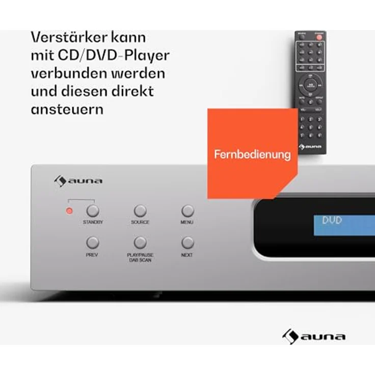 Auna Art22 Verstärker HiFi Stereo, 2x60 W, Bluetooth, DAB+ Radio, FM-Tuner, CD/DVD-Wiedergabe, optische & koaxiale Eingänge, Fernbedienung, kompaktes Design, Weiß-Silber – Bild 5