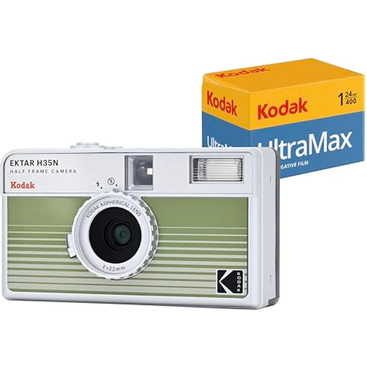 Kodak EKTAR H35N Halbformat-Filmkamera-Set, grün mit Kodak Ultramax 400/24EXP Film, eingebautem Sternfilter und verbesserter Glaslinse – Bild 1