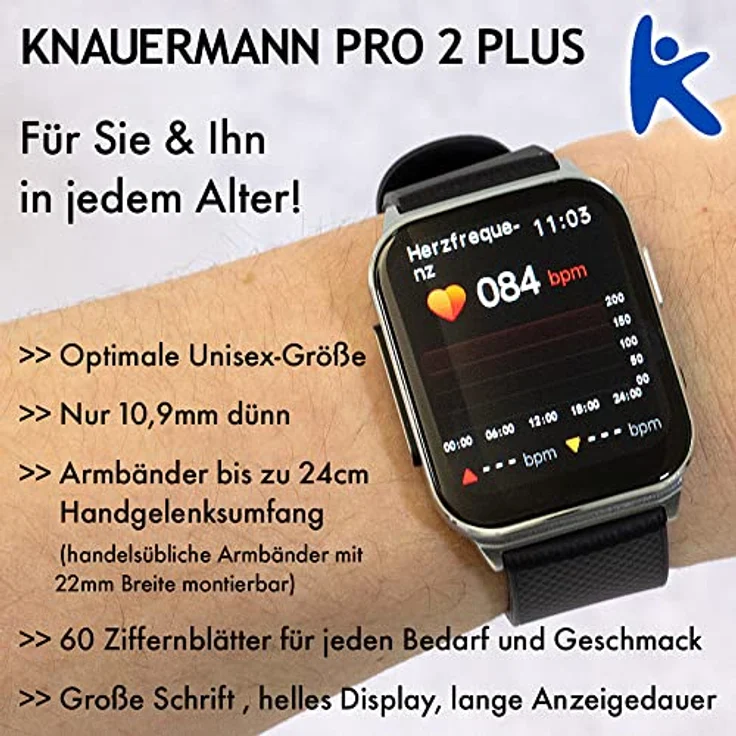 Knauermann PRO 2 Plus, Smartwatch mit Lederarmband, EKG-Sensor, Blutsauerstoffmessung, Benachrichtigungen für Anrufe und Nachrichten – Bild 4