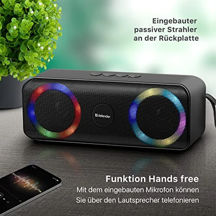 Defender Bluetooth Lautsprecher Q1, Musikbox mit mehrfarbige LED Licht, True Wireless Stereo, Tragbarer Bluetooth Speaker Box mit Freisprechfunktion, Radio, für Zuhause und Draußen – Bild 5