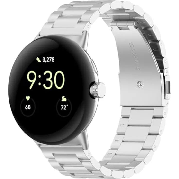 Wigento Edelstahl-Smartwatch-Armband für Google Pixel Watch 5 / 4 / 3 45mm, verstellbare Länge, silbernes Design mit Faltverschluss