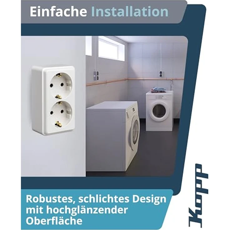 Kopp STANDARD 2-fach Schutzkontakt-Steckdose, Arktis-Weiß – Aufputz-Steckdose für Keller, Werkstatt & Garage, IP20, 16A / 250V~ – Bild 3