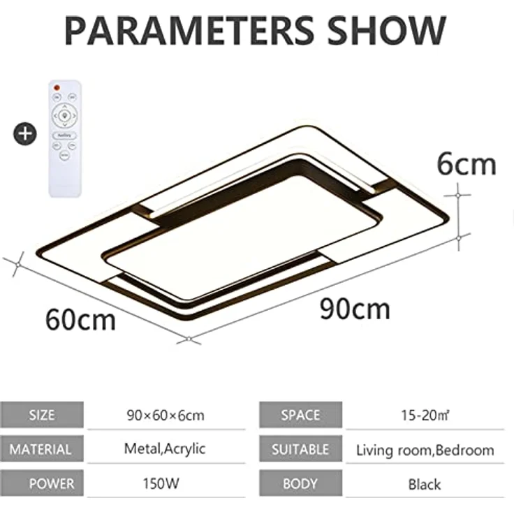 Style home Deckenleuchte LED Deckenlampe 150W dimmbar mit Fernbedienung, warmweiß bis kaltweiß einstellbar, Rechteckige Leuchte für Wohnzimmer Schlafzimmer Büro (Schwarz, 90 * 60 * 6cm) – Bild 5
