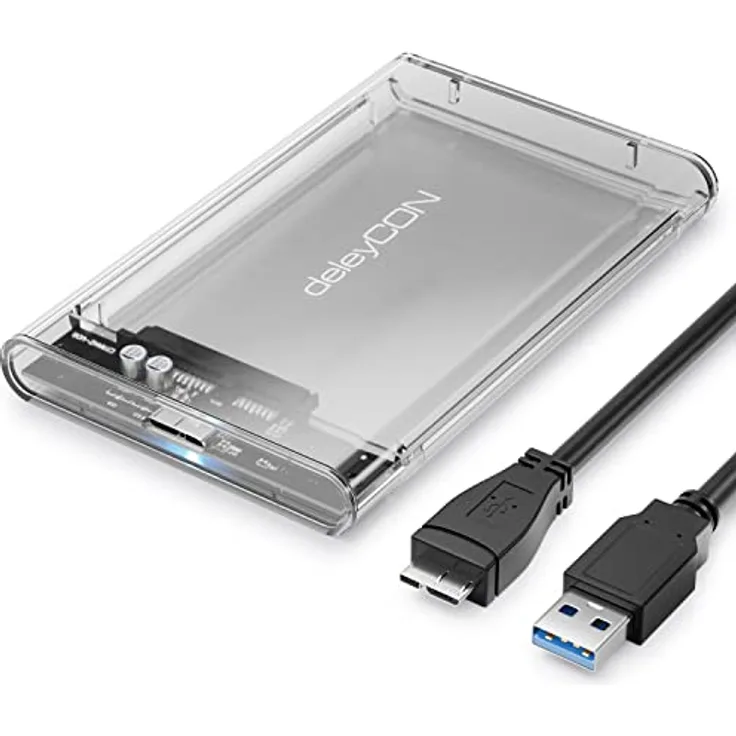 deleyCON SSD Festplattengehäuse USB 3.1 Gen. 1 für 2,5“ Zoll SATA 3 SSD / HDD UASP [Transparent]