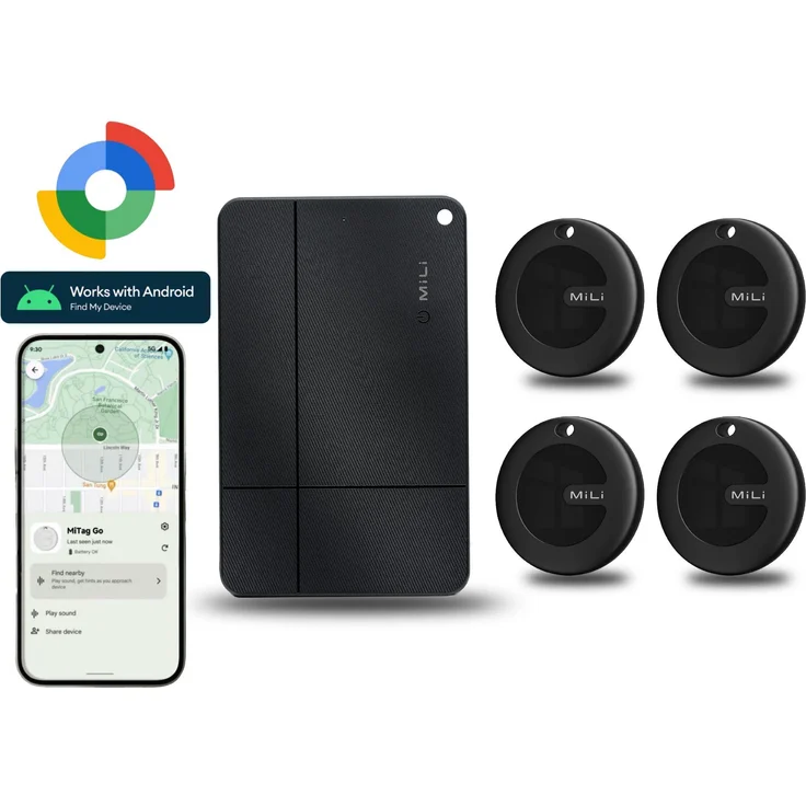 MiLi GPS Tracker 5-in-1 Familienset, Smart-Tag & Schlüsselfinder in Schwarz, wiederaufladbare NFC-Geldbeutel-Karte, ohne Abo, ideal für Alltag & Reisen