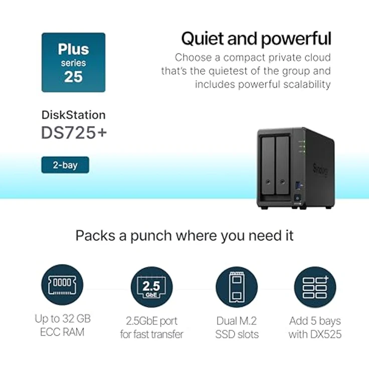 Synology DS725+ NAS-Kit mit 2 Einschüben, AMD Ryzen CPU, 4 GB RAM, 2,5 GbE-NIC, geeignet für PC-Backup und Cloud-Zugriff – Bild 2