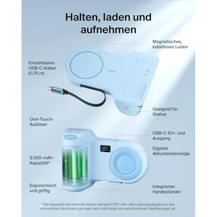 Belkin Stage PowerGrip, Magnetischer Kameragriff mit 9300mAh Powerbank, Einziehbarem USB-C-Kabel, Bluetooth, Stativadapter und LCD-Display, Handyladegerät für iPhone und Pixel – Bild 3